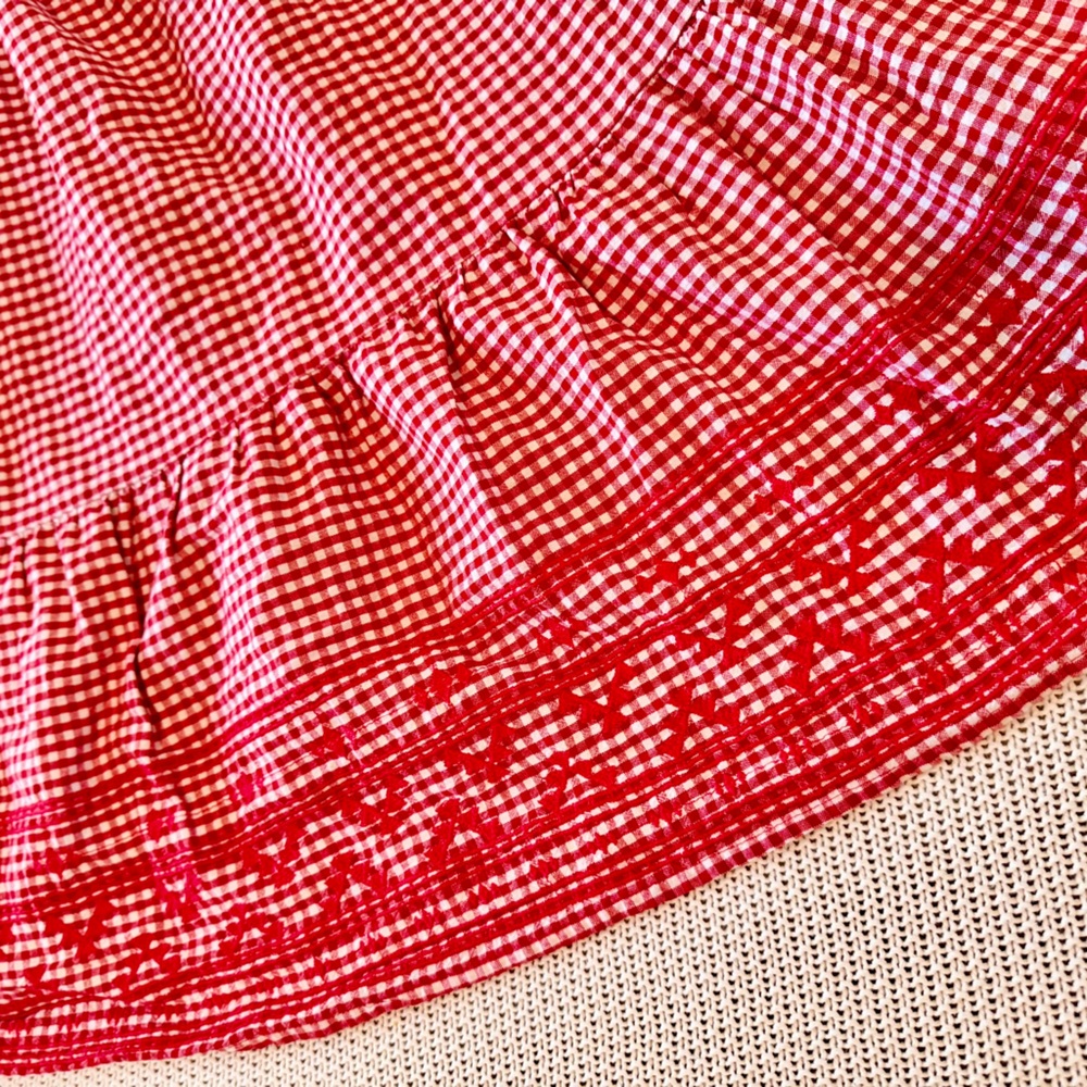 OLD NAVY Smocked Embroidered Tiered Red White Gingham Plaid Mini Dress w Pockets - Picture 6 of 14